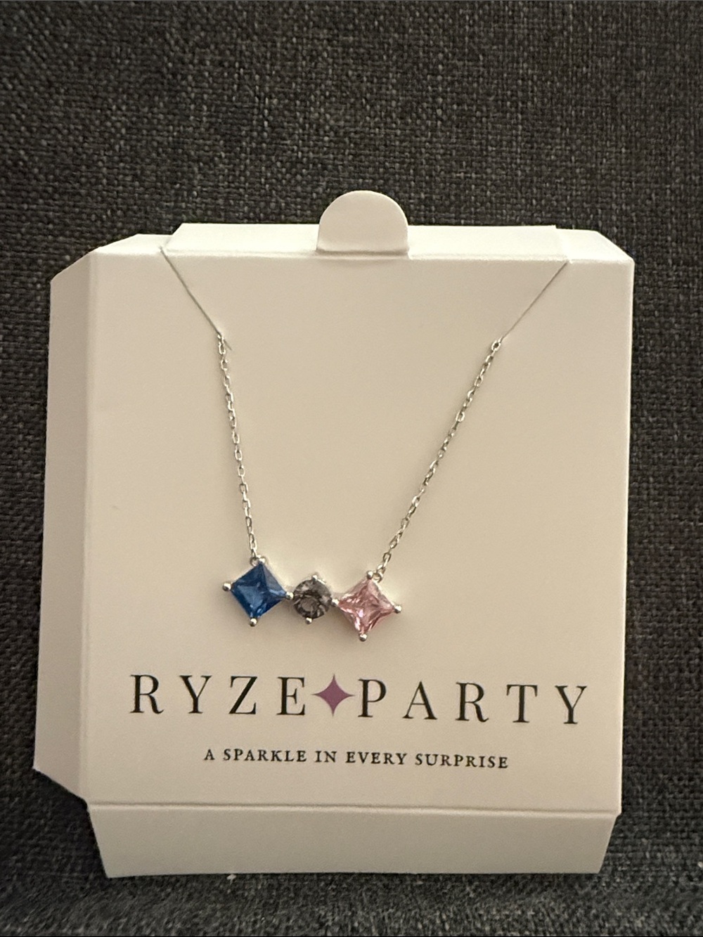 Ryze Party .925 sterling silver Trio Stone Pendant Necklace in Blue, Gray, Pink